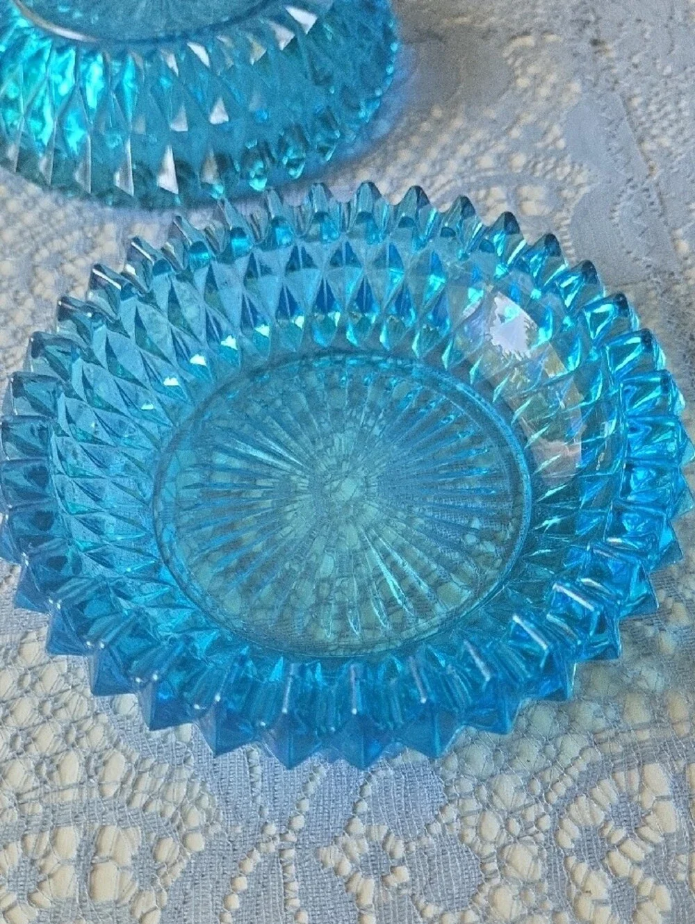 Indiana Glass Blue Textured Glass Trinket Box with Metal Handle